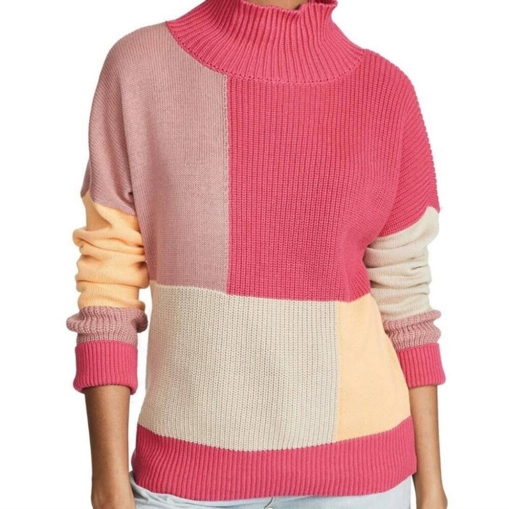 525 America Sweater Women Large Color Block Mock Neck Pullover Knit Colorful